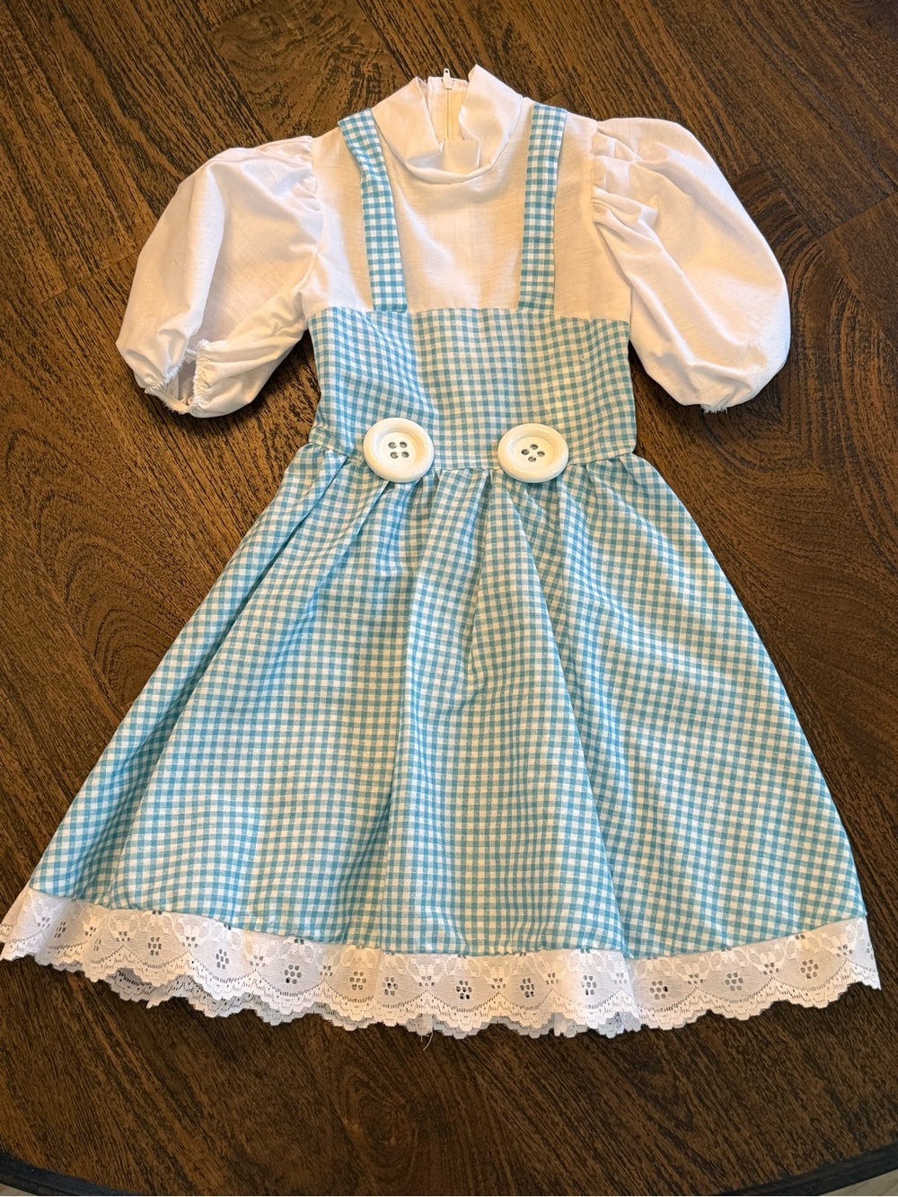 Kids Dorothy Costume Blue Gingham Pinafore Dress with White Puff Sleeve Top